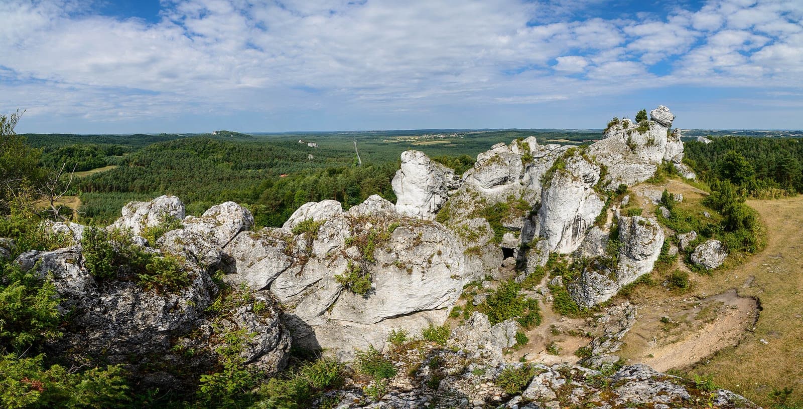 Panorama białych wapiennych ostańców na szczycie Góry Zborów z widokiem na zalesione wzgórza Jury pod niebem pełnym obłoków.